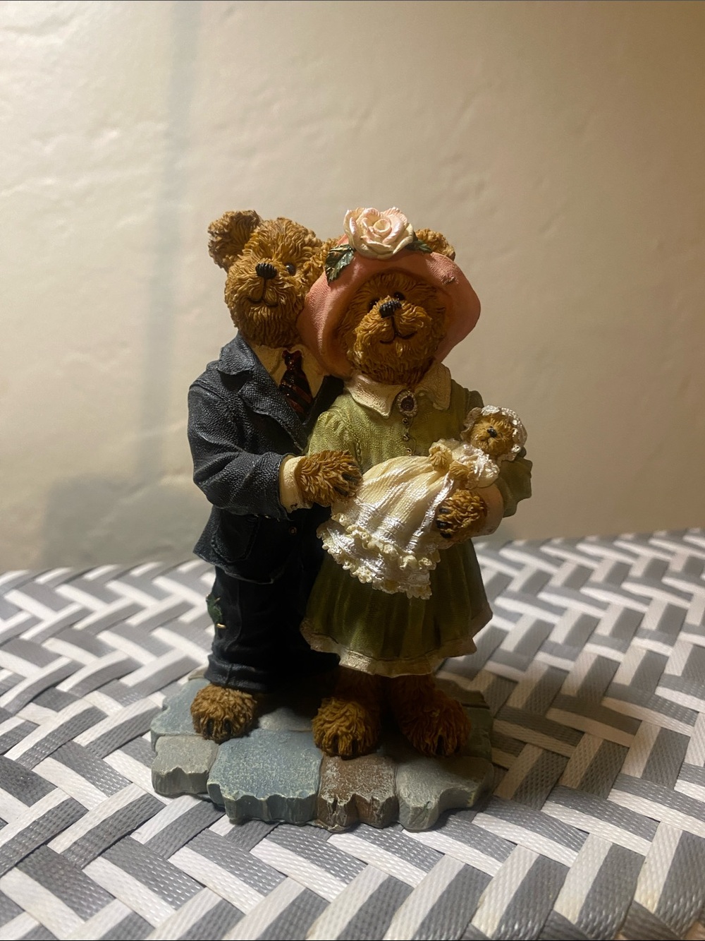 Whimsical Bear Family Figurine in Green Dress and Pink Hat